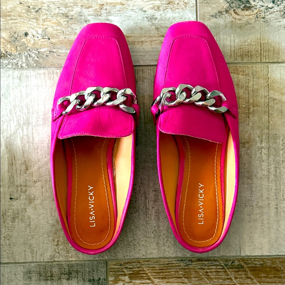 Pink Silde mules with Silver Chain